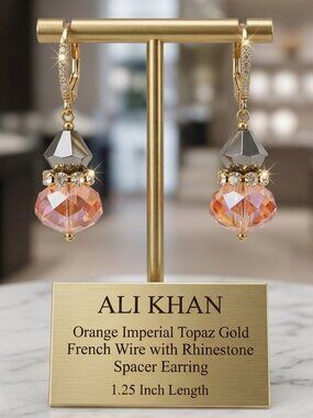 ALI KHAN orange imperial topaz gold  french wire with rhinestone spacer earring